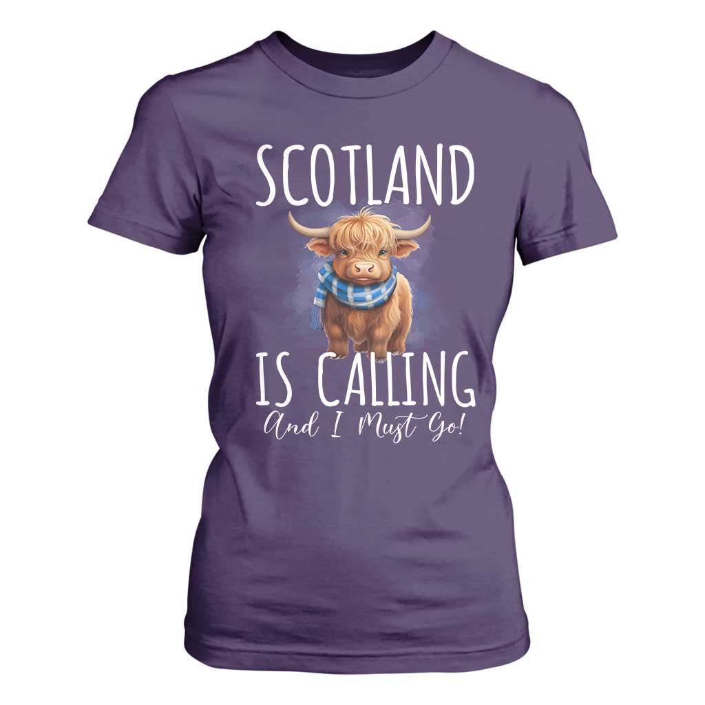 Scotland is Calling and I must Go Highland Cow T Shirt For Women TS09 Purple Print Your Wear
