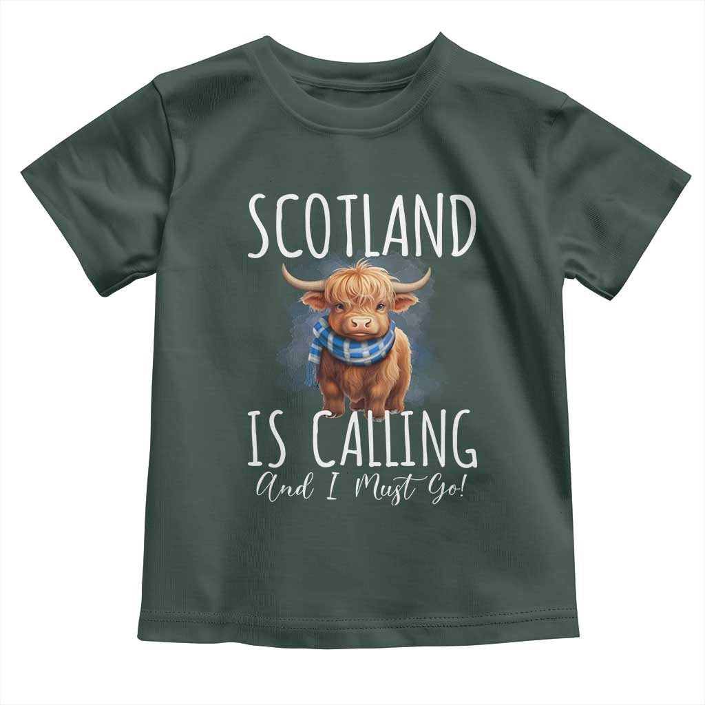 Scotland is Calling and I must Go Highland Cow Toddler T Shirt TS09 Dark Forest Green Print Your Wear