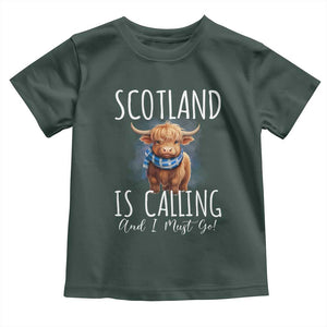 Scotland is Calling and I must Go Highland Cow Toddler T Shirt TS09 Dark Forest Green Print Your Wear