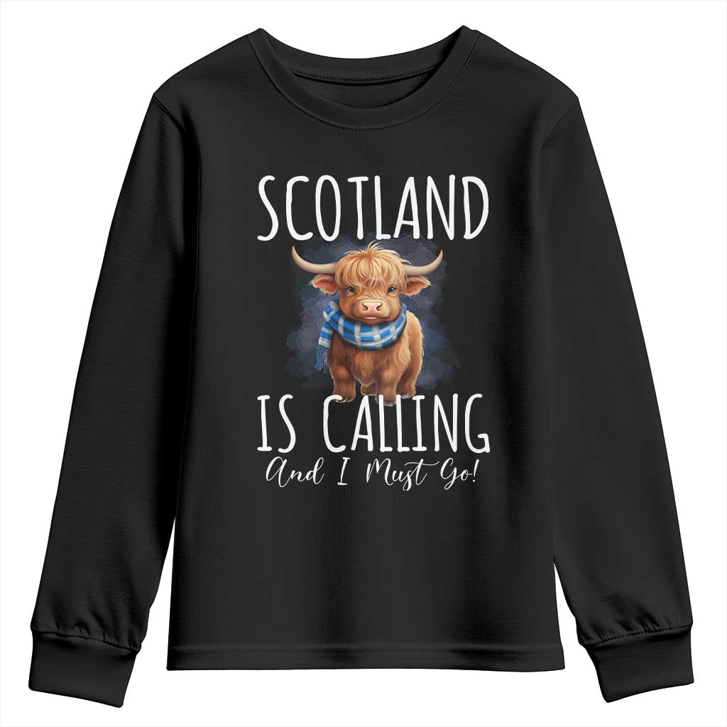 Scotland is Calling and I must Go Highland Cow Youth Sweatshirt TS09 Black Print Your Wear