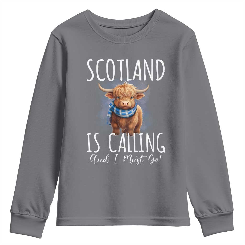 Scotland is Calling and I must Go Highland Cow Youth Sweatshirt TS09 Charcoal Print Your Wear