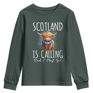 Scotland is Calling and I must Go Highland Cow Youth Sweatshirt TS09 Dark Forest Green Print Your Wear