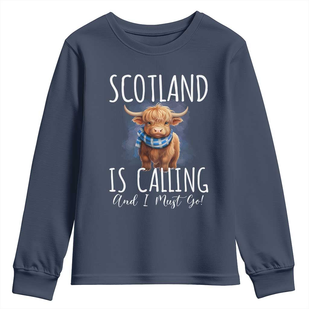 Scotland is Calling and I must Go Highland Cow Youth Sweatshirt TS09 Navy Print Your Wear