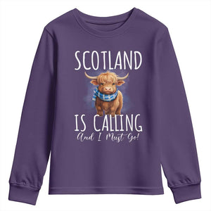 Scotland is Calling and I must Go Highland Cow Youth Sweatshirt TS09 Purple Print Your Wear