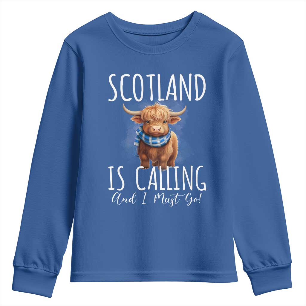 Scotland is Calling and I must Go Highland Cow Youth Sweatshirt TS09 Royal Blue Print Your Wear