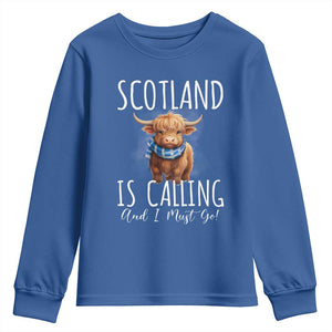 Scotland is Calling and I must Go Highland Cow Youth Sweatshirt TS09 Royal Blue Print Your Wear