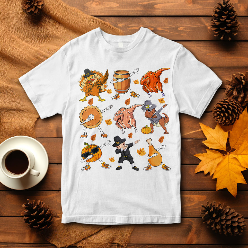 Dabbing Turkey T Rex Pilgrim Pumpkin Pie Funny Thanksgiving T Shirt TS09 White Printyourwear