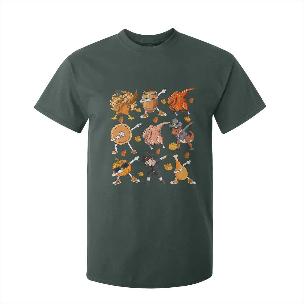 Funny Thanksgiving T Shirt For Kid Dabbing Turkey T Rex Pilgrim Pumpkin Pie TS09 Dark Forest Green Print Your Wear