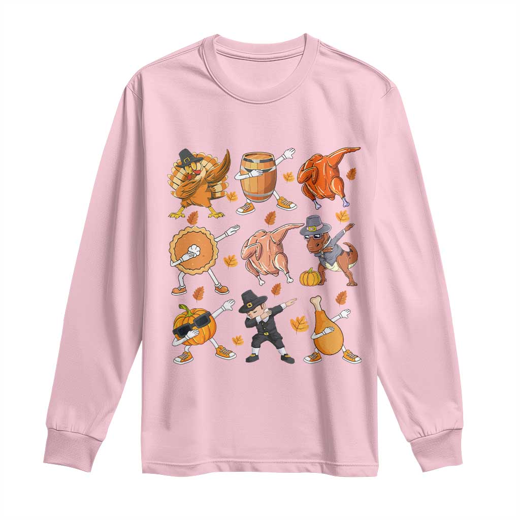Funny Thanksgiving Long Sleeve Shirt Dabbing Turkey T Rex Pilgrim Pumpkin Pie TS09 Light Pink Print Your Wear