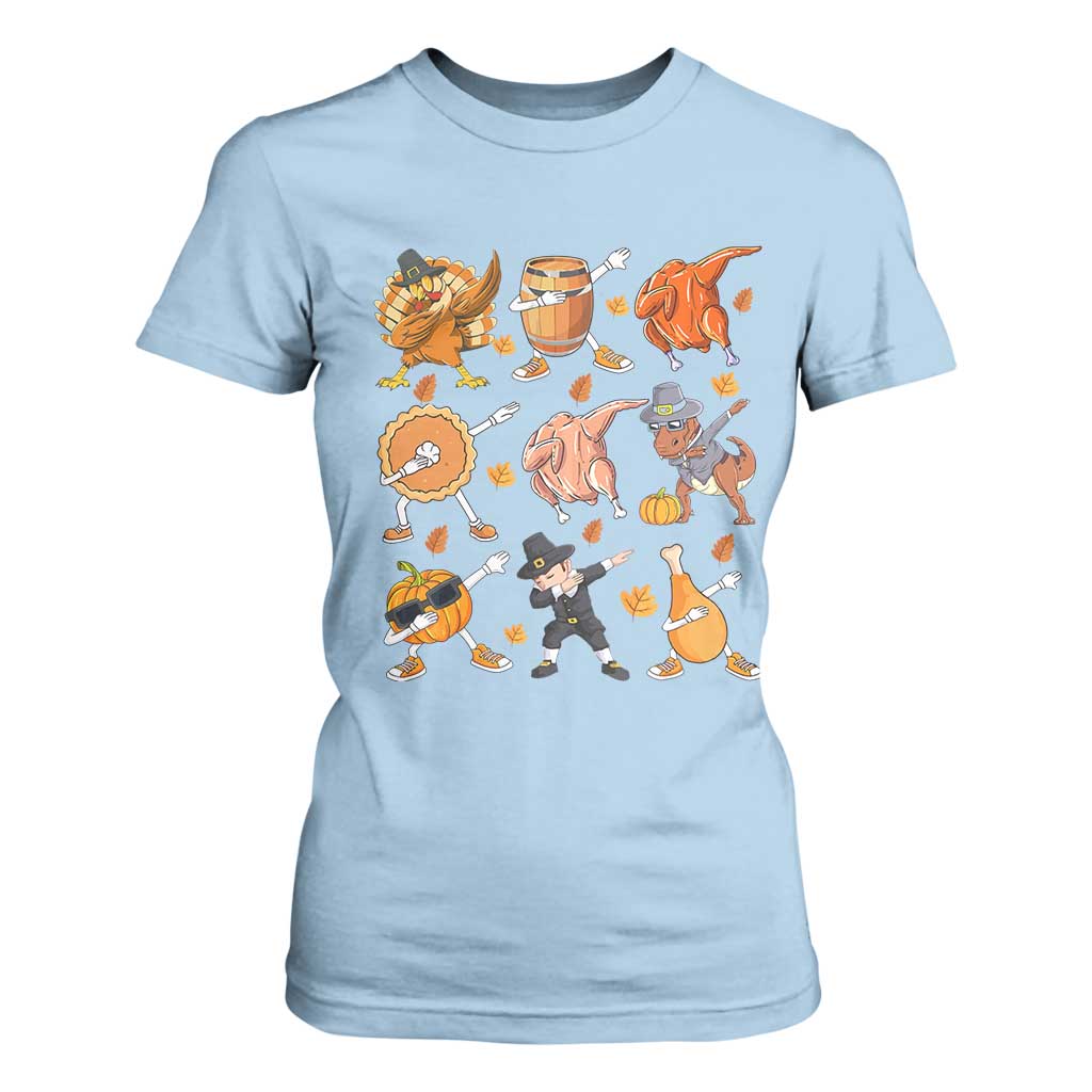 Funny Thanksgiving T Shirt For Women Dabbing Turkey T Rex Pilgrim Pumpkin Pie TS09 Light Blue Print Your Wear