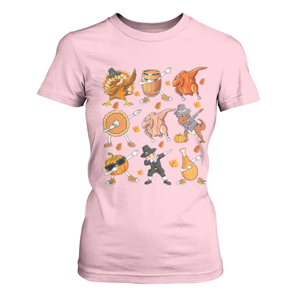 Funny Thanksgiving T Shirt For Women Dabbing Turkey T Rex Pilgrim Pumpkin Pie TS09 Light Pink Print Your Wear