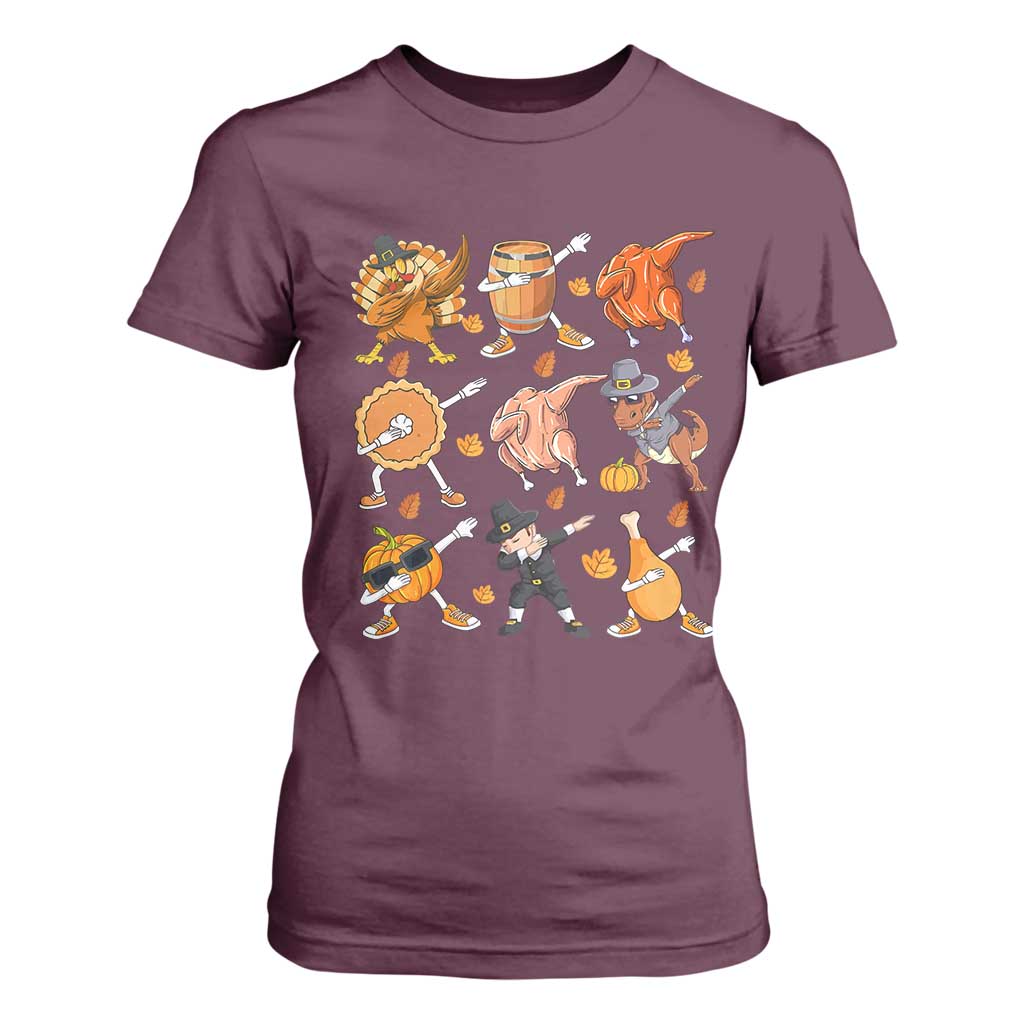 Funny Thanksgiving T Shirt For Women Dabbing Turkey T Rex Pilgrim Pumpkin Pie TS09 Maroon Print Your Wear