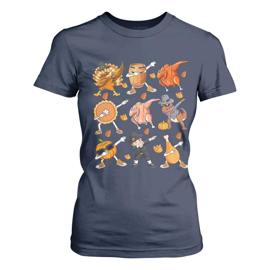Funny Thanksgiving T Shirt For Women Dabbing Turkey T Rex Pilgrim Pumpkin Pie TS09 Navy Print Your Wear