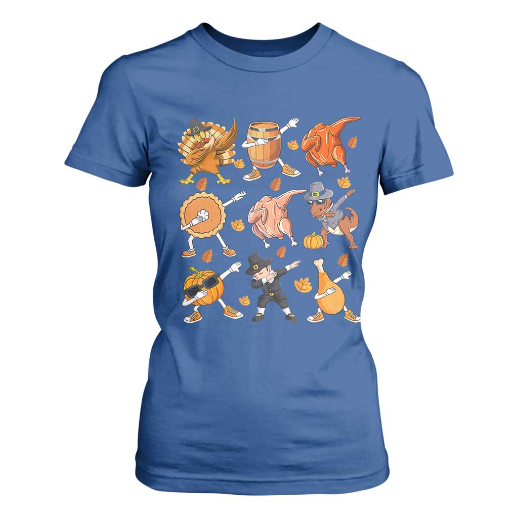 Funny Thanksgiving T Shirt For Women Dabbing Turkey T Rex Pilgrim Pumpkin Pie TS09 Royal Blue Print Your Wear