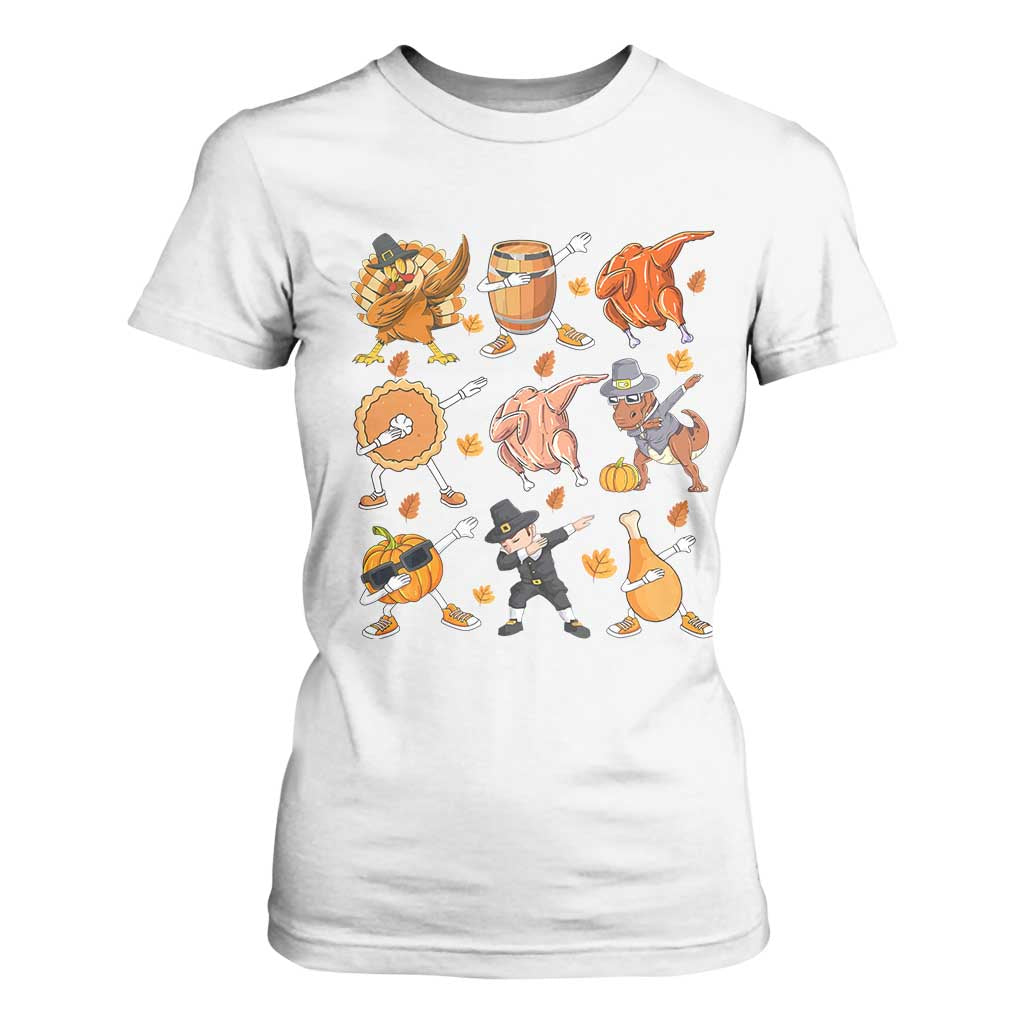 Funny Thanksgiving T Shirt For Women Dabbing Turkey T Rex Pilgrim Pumpkin Pie TS09 White Print Your Wear
