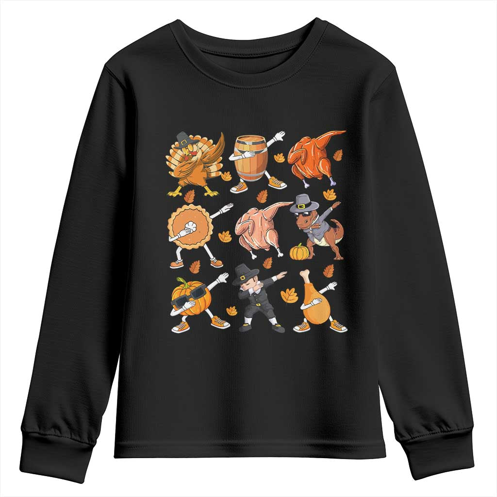 Funny Thanksgiving Youth Sweatshirt Dabbing Turkey T Rex Pilgrim Pumpkin Pie TS09 Black Print Your Wear