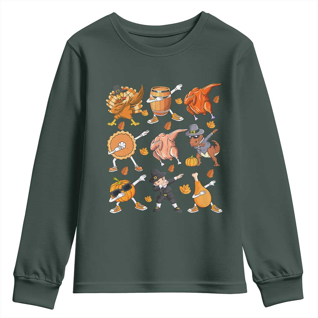 Funny Thanksgiving Youth Sweatshirt Dabbing Turkey T Rex Pilgrim Pumpkin Pie TS09 Dark Forest Green Print Your Wear