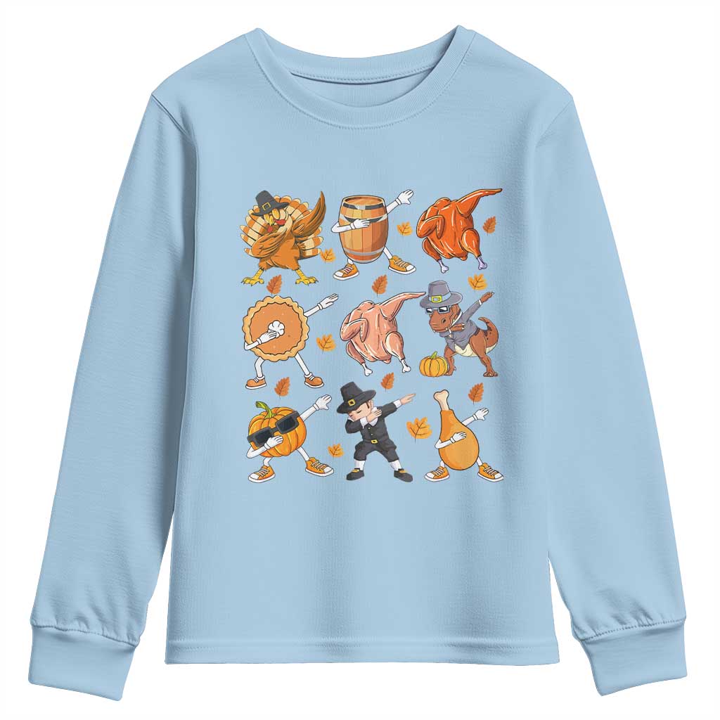 Funny Thanksgiving Youth Sweatshirt Dabbing Turkey T Rex Pilgrim Pumpkin Pie TS09 Light Blue Print Your Wear