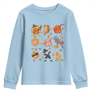 Funny Thanksgiving Youth Sweatshirt Dabbing Turkey T Rex Pilgrim Pumpkin Pie TS09 Light Blue Print Your Wear