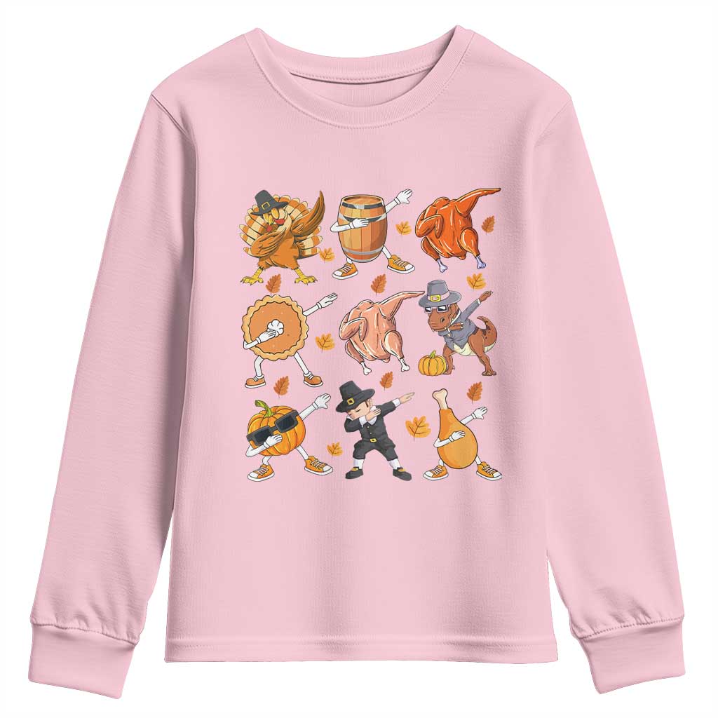 Funny Thanksgiving Youth Sweatshirt Dabbing Turkey T Rex Pilgrim Pumpkin Pie TS09 Light Pink Print Your Wear