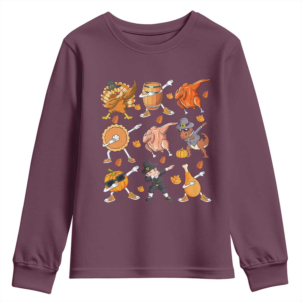 Funny Thanksgiving Youth Sweatshirt Dabbing Turkey T Rex Pilgrim Pumpkin Pie TS09 Maroon Print Your Wear