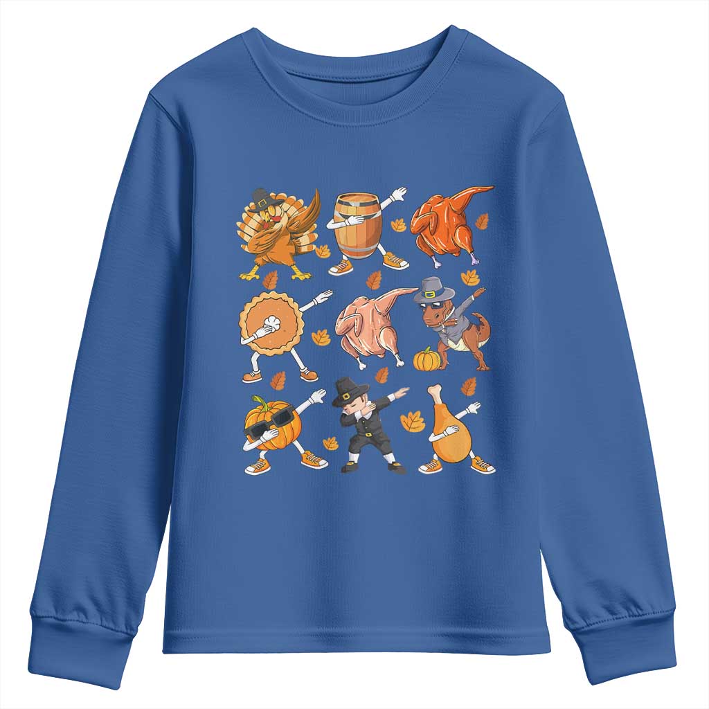 Funny Thanksgiving Youth Sweatshirt Dabbing Turkey T Rex Pilgrim Pumpkin Pie TS09 Royal Blue Print Your Wear