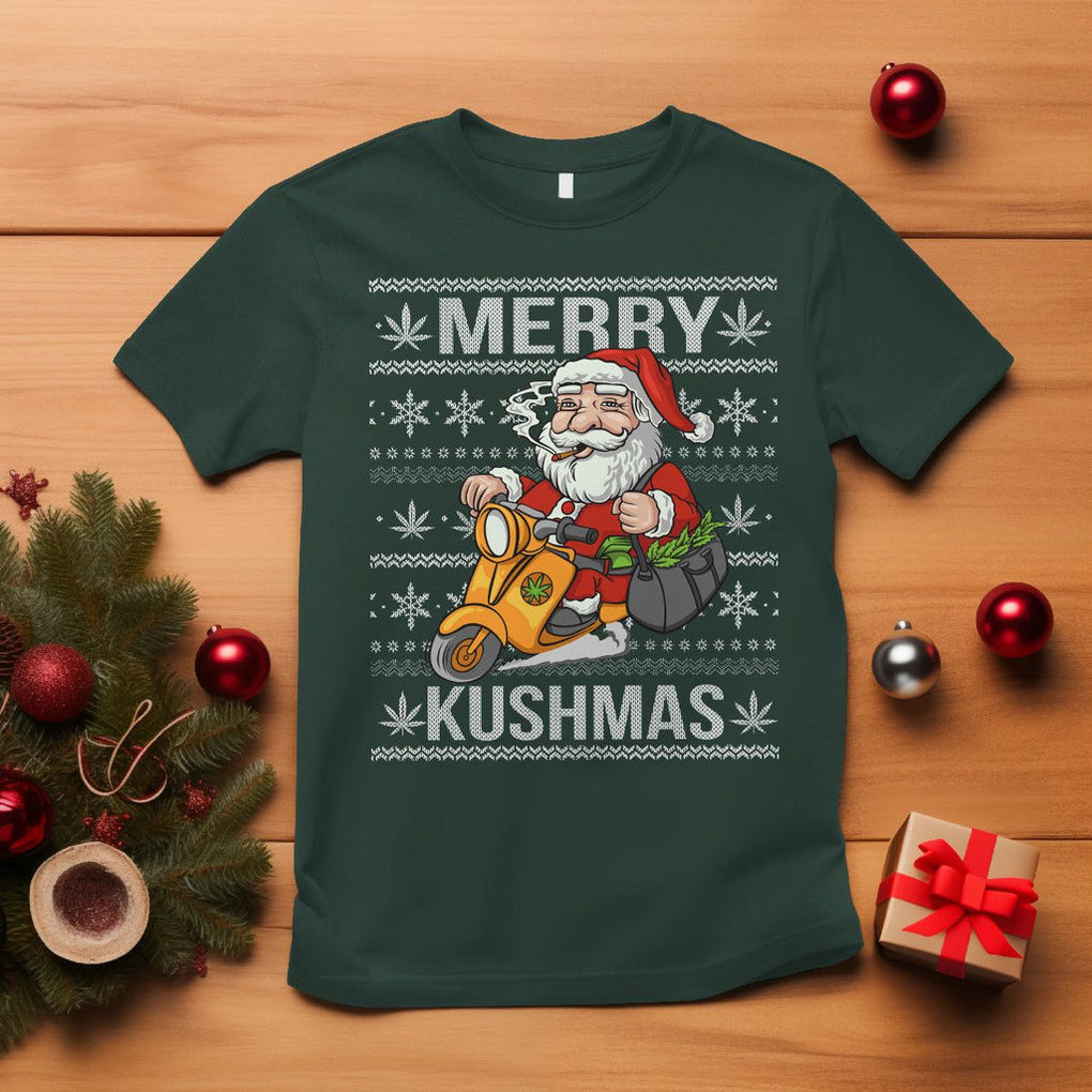 Merry Kushmas Christmas Ugly Santa Smoking Cannabis Weed 420 T Shirt TS09 Dark Forest Green Printyourwear