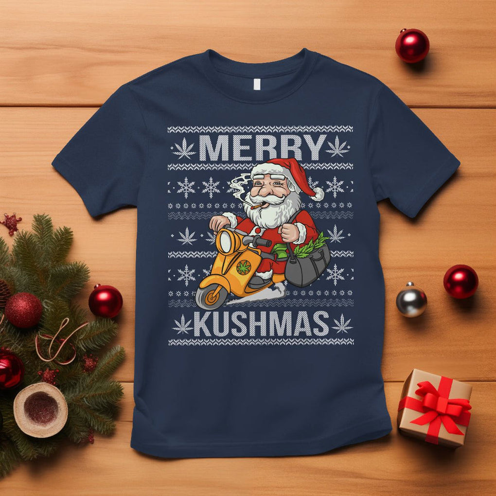 Merry Kushmas Christmas Ugly Santa Smoking Cannabis Weed 420 T Shirt TS09 Navy Printyourwear