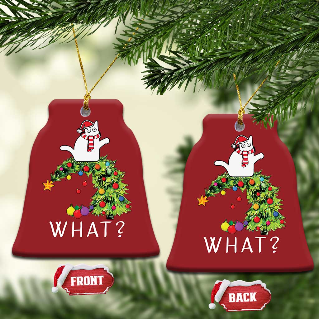 Funny Xmas Cat Christmas Ornament What? Mischievous Cat Pushing Christmas Tree TS09 Bell Flake Red Print Your Wear