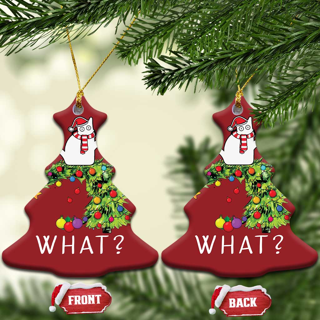 Funny Xmas Cat Christmas Ornament What? Mischievous Cat Pushing Christmas Tree TS09 Christmas Tree Red Print Your Wear