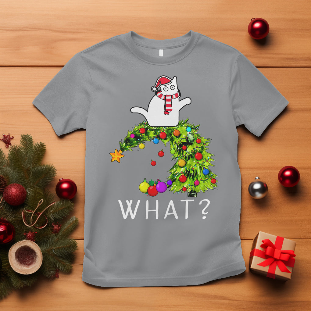 What? Cat Pushing Christmas Tree Xmas Mischievous Cat Lover T Shirt TS09 Sport Gray Printyourwear