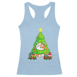 Funny Xmas Cat Racerback Tank Top What? Cat Pushing Christmas Tree Mischievous Cat Lover TS09 Light Blue Print Your Wear