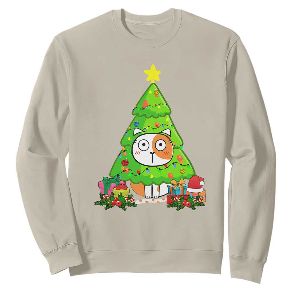 Funny Xmas Cat Sweatshirt What? Cat Pushing Christmas Tree Mischievous Cat Lover TS09 Sand Print Your Wear