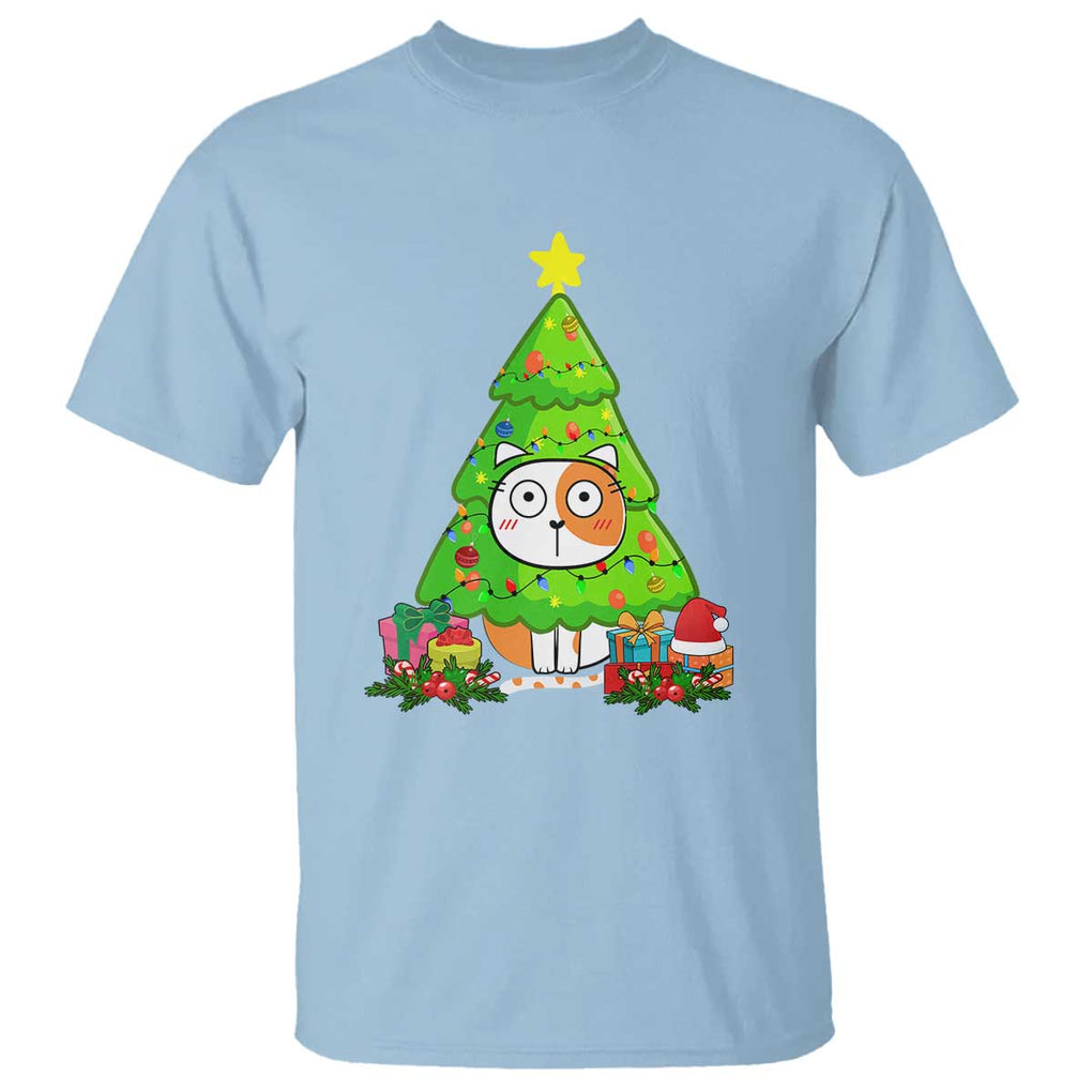 Funny Xmas Cat T Shirt What? Cat Pushing Christmas Tree Mischievous Cat Lover TS09 Light Blue Print Your Wear