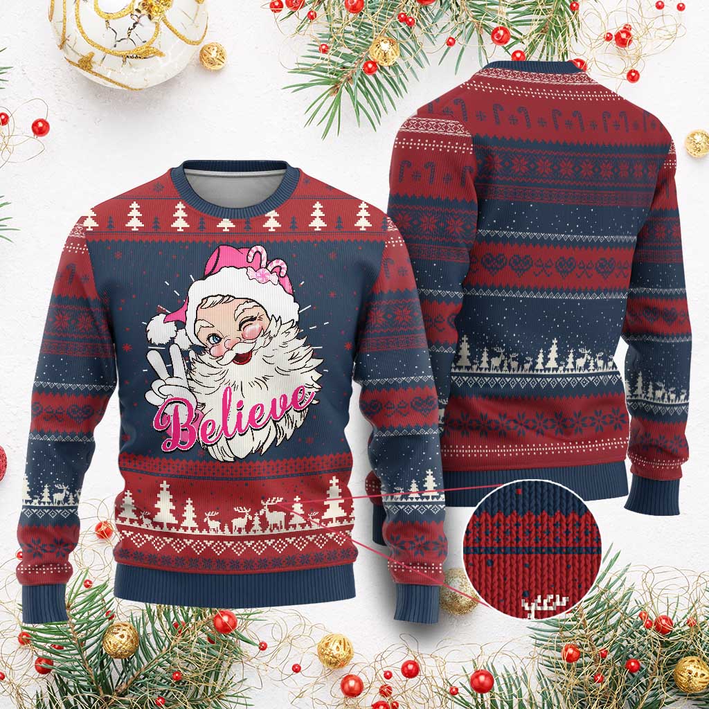 Believe Christmas Vintage Pink Santa Claus Ugly Christmas Sweater TS09 Burgundy Print Your Wear