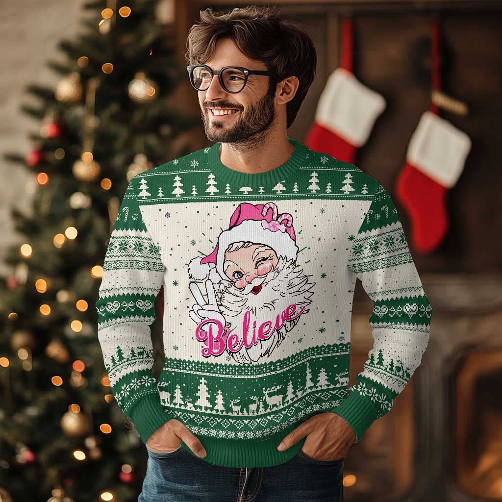 Believe Christmas Vintage Pink Santa Claus Ugly Christmas Sweater TS09 Green Print Your Wear