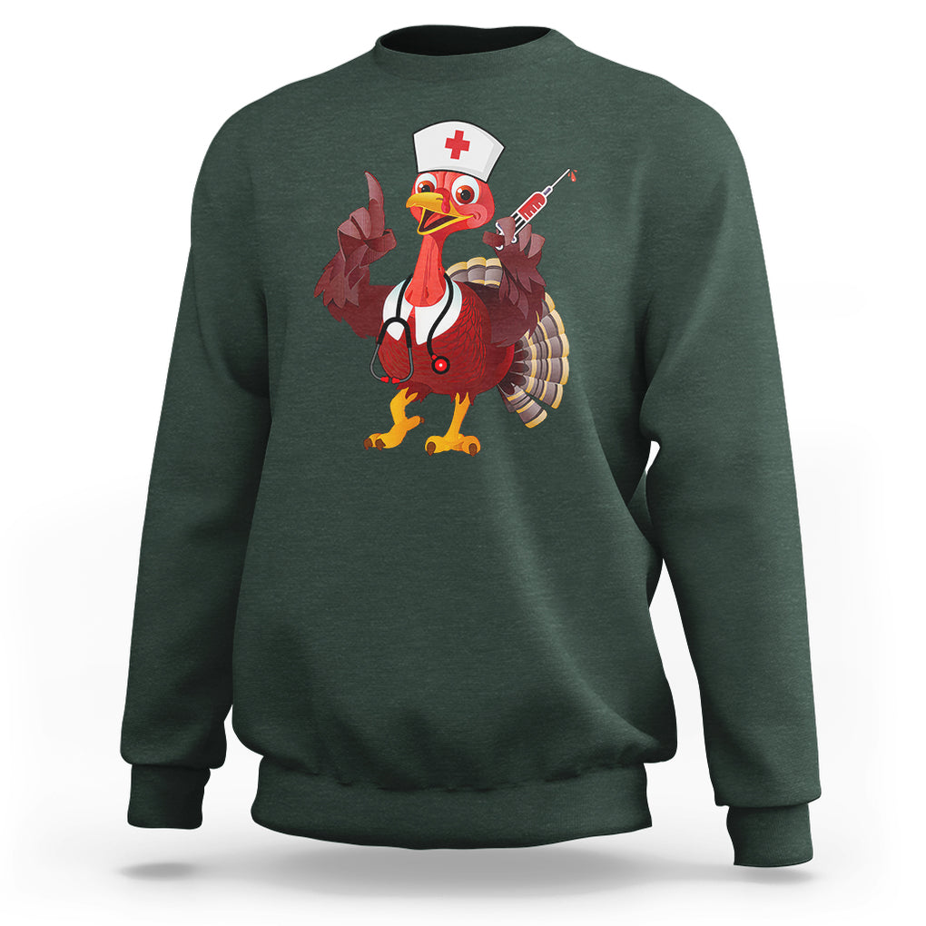Turkey Nurse Thanksgiving Stethoscope Syringe Sweatshirt TS09 Dark Forest Green Printyourwear
