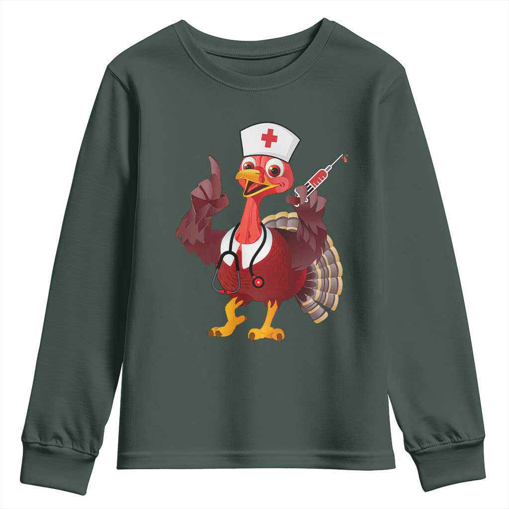 Turkey Nurse Thanksgiving Stethoscope Syringe Youth Sweatshirt TS09 Dark Forest Green Print Your Wear