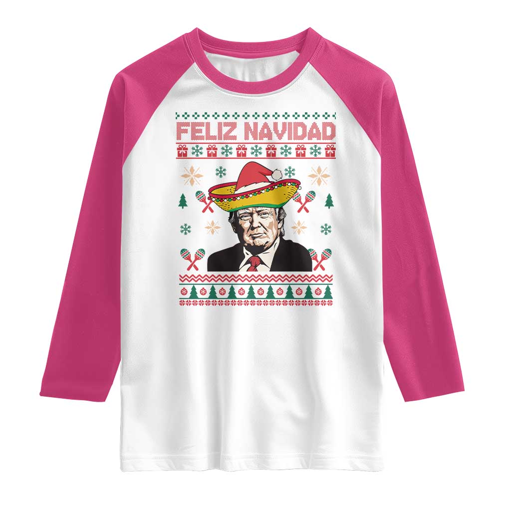 Funny Mexico Christmas Trump Raglan Shirt Feliz Navidad Mexican Sombrero Santa TS09 White Heliconia Print Your Wear