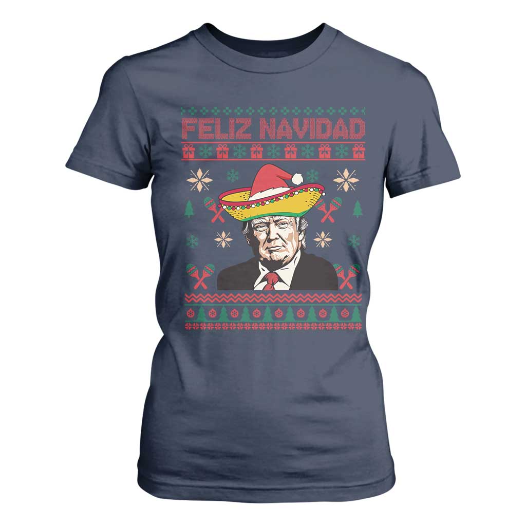 Funny Mexico Christmas Trump T Shirt For Women Feliz Navidad Mexican Sombrero Santa TS09 Navy Print Your Wear