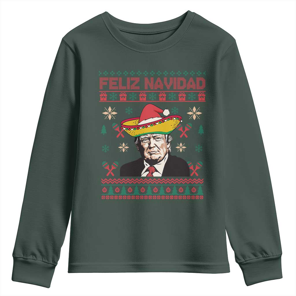 Funny Mexico Christmas Trump Youth Sweatshirt Feliz Navidad Mexican Sombrero Santa TS09 Dark Forest Green Print Your Wear