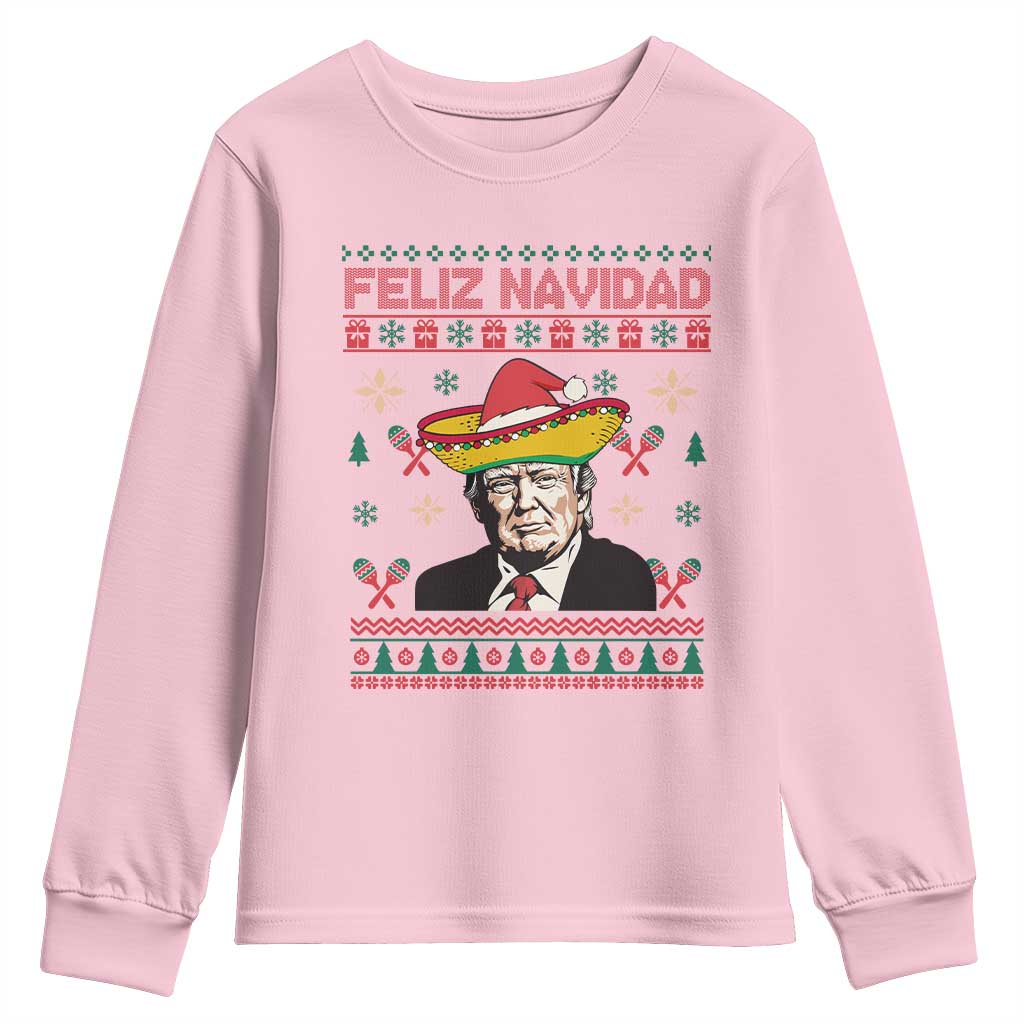 Funny Mexico Christmas Trump Youth Sweatshirt Feliz Navidad Mexican Sombrero Santa TS09 Light Pink Print Your Wear