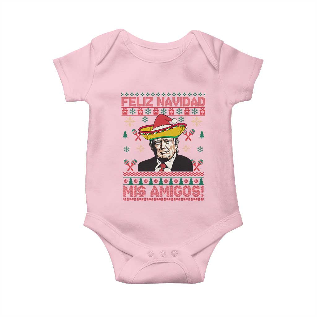 Funny Mexico Christmas Trump Baby Onesie Feliz Navidad Mis Amigosi Mexican Sombrero Santa TS09 Light Pink Print Your Wear