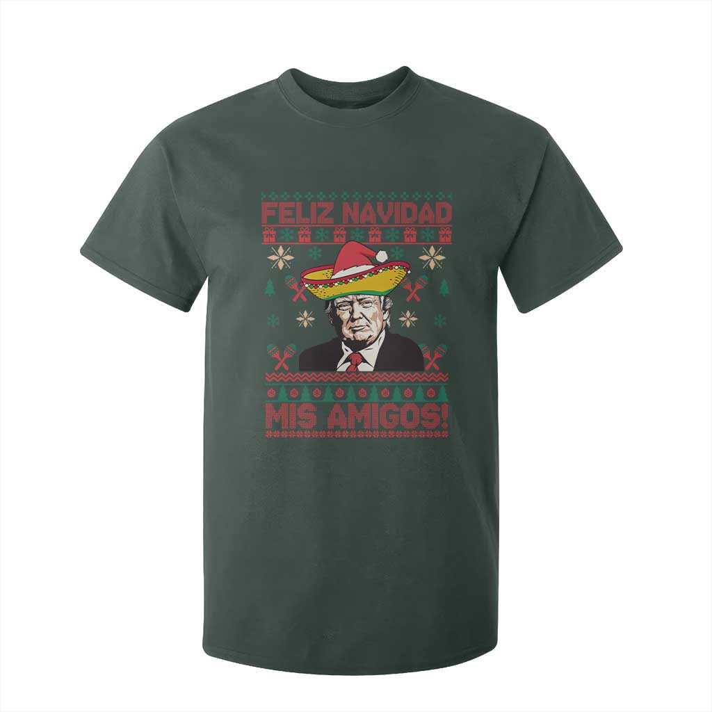 Funny Mexico Christmas Trump T Shirt For Kid Feliz Navidad Mis Amigosi Mexican Sombrero Santa TS09 Dark Forest Green Print Your Wear