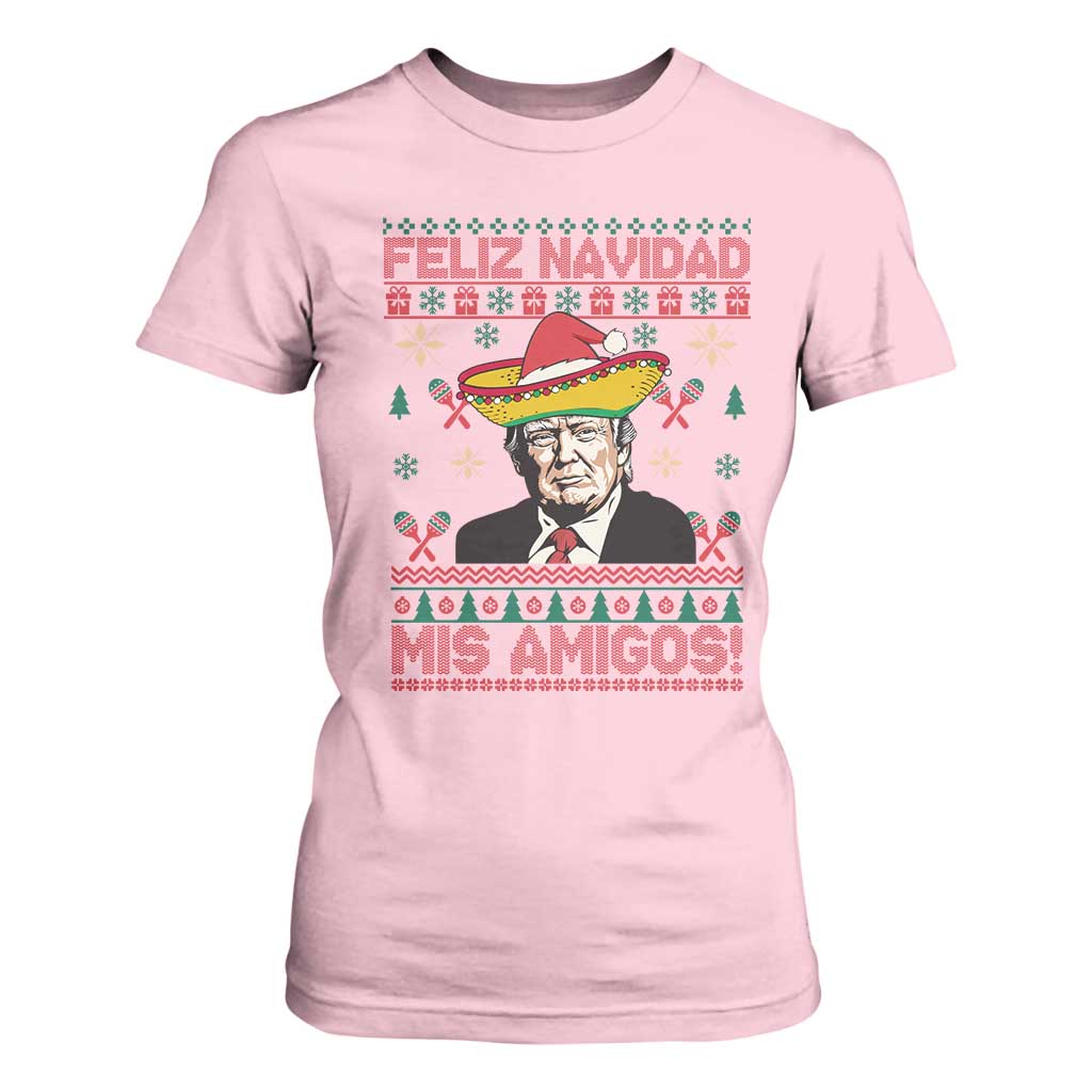 Funny Mexico Christmas Trump T Shirt For Women Feliz Navidad Mis Amigosi Mexican Sombrero Santa TS09 Light Pink Print Your Wear