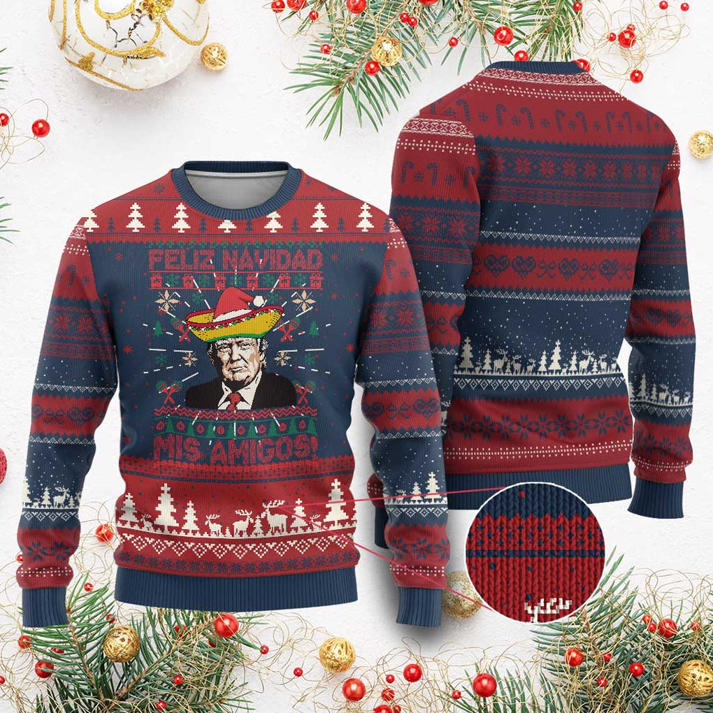 Funny Mexico Xmas Trump Ugly Christmas Sweater Feliz Navidad Mis Amigos Mexican Sombrero Santa TS09 Burgundy Print Your Wear