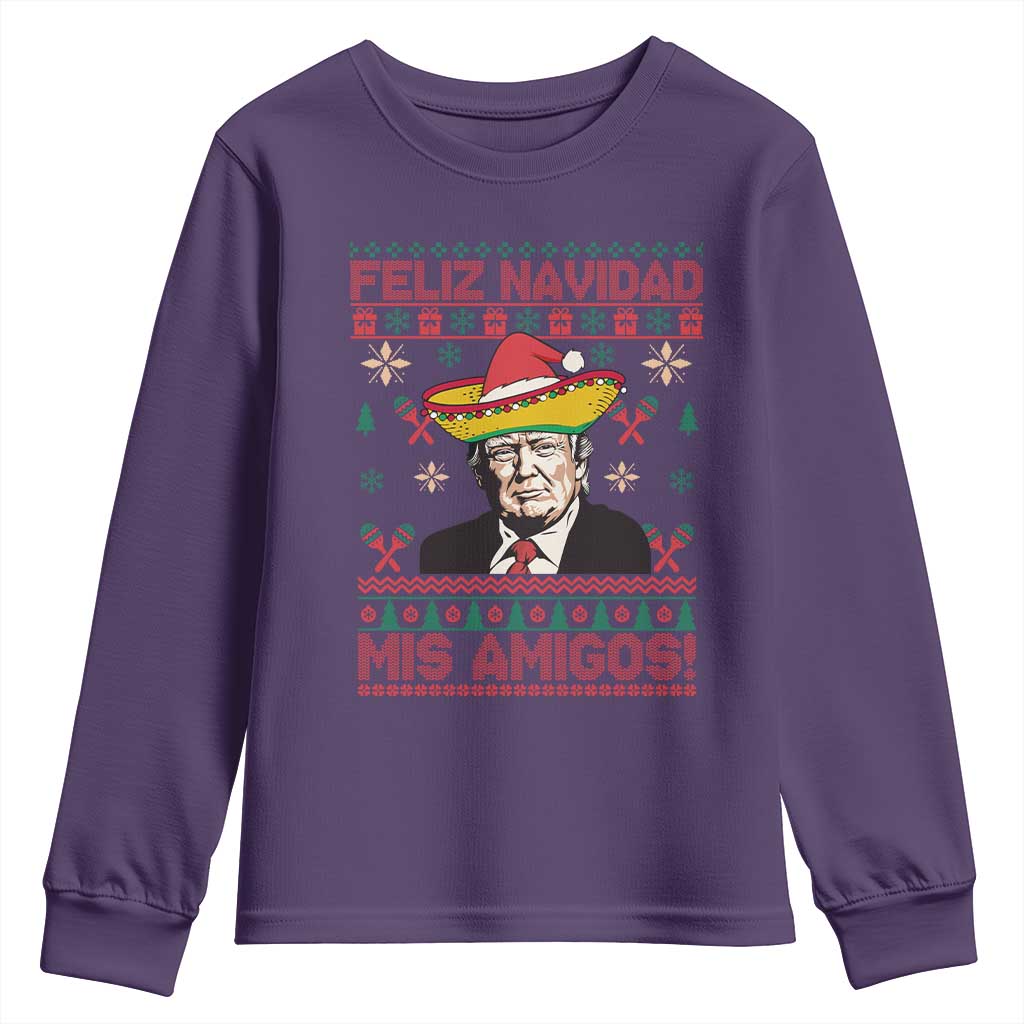 Funny Mexico Christmas Trump Youth Sweatshirt Feliz Navidad Mis Amigosi Mexican Sombrero Santa TS09 Purple Print Your Wear