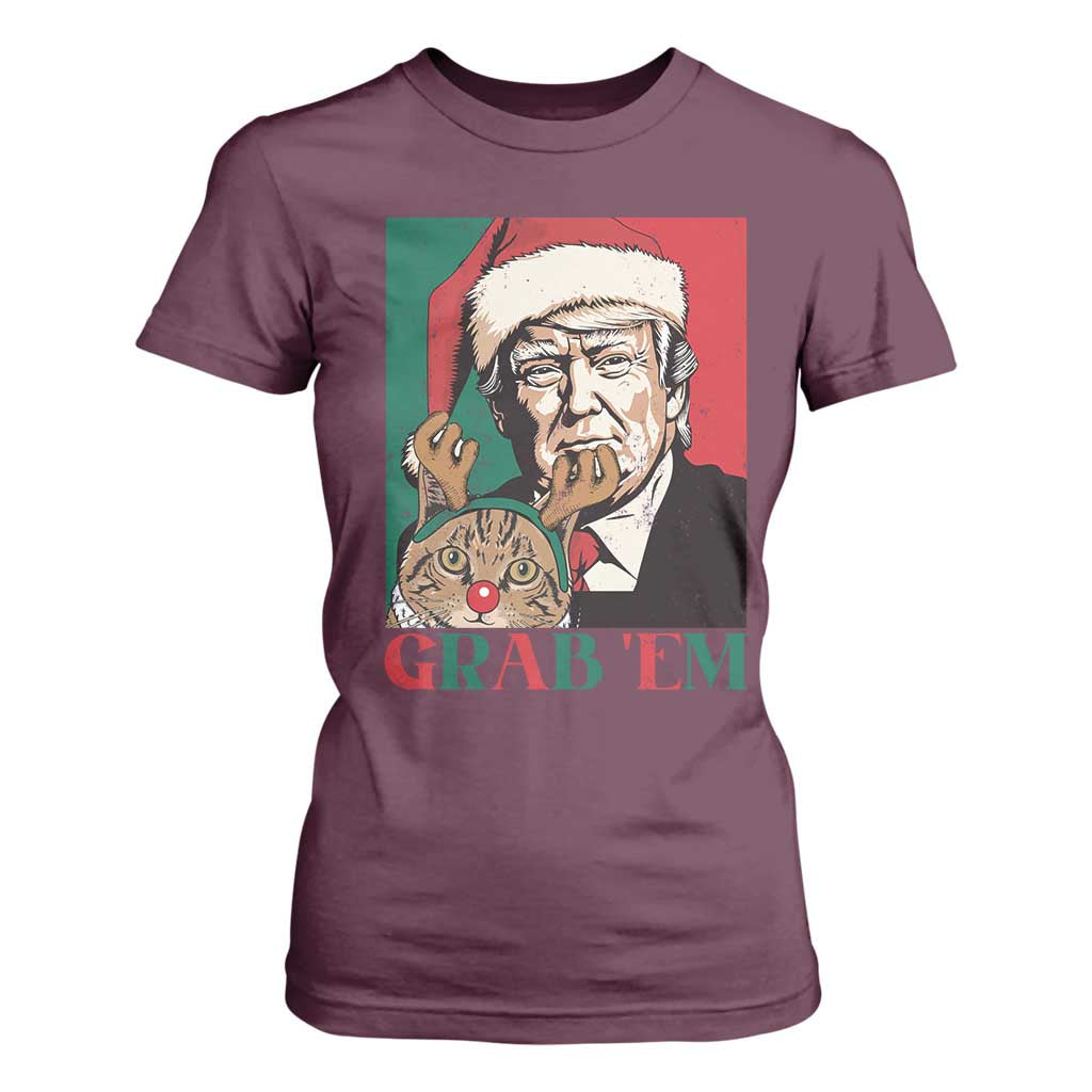 Funny Christmas Trump T Shirt For Women Grab 'em Trump Hug Reindeer Cat TS09 Maroon Print Your Wear