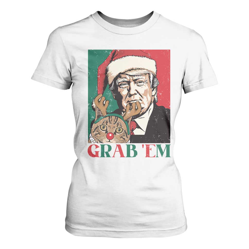 Funny Christmas Trump T Shirt For Women Grab 'em Trump Hug Reindeer Cat TS09 White Print Your Wear