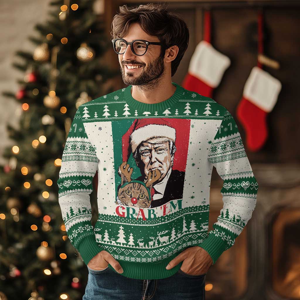 Funny Xmas Trump Ugly Christmas Sweater Grab 'em Trump Hug Reindeer Cat TS09 Green Print Your Wear